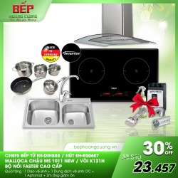 COMBO 12: bếp từ Chefs EH-DIH888 + hút mùi Chefs EH-R506E7 + chậu Malloca MS1011 New + vòi K121N + bộ nồi Faster Melody