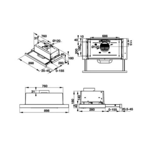 Máy hút khử mùi âm tủ dạng kéo Hafele HH TI90D 539.81.085 7 Kích thước máy hút khử mùi âm tủ dạng kéo Hafele HH TI90D 539.81.085