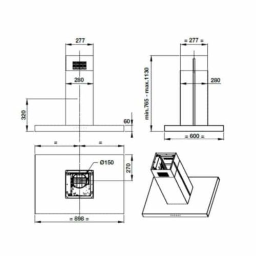 Kích thước máy hút mùi đảo Hafele HH-IS90B 539.81.715