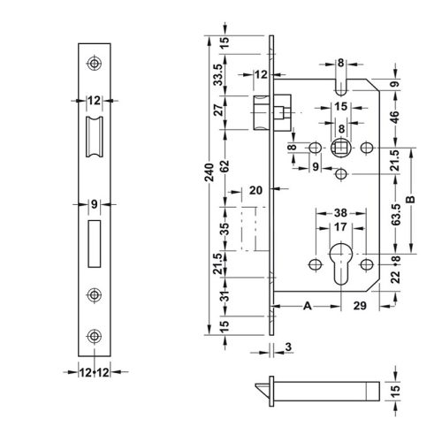 Thân khóa lưỡi gà chốt chết C/C 85mm Hafele 911.02.165 4 Thiết kế của Thân Khóa Lưỡi Gà Chốt Chết C/C 85mm Hafele 911.02.165