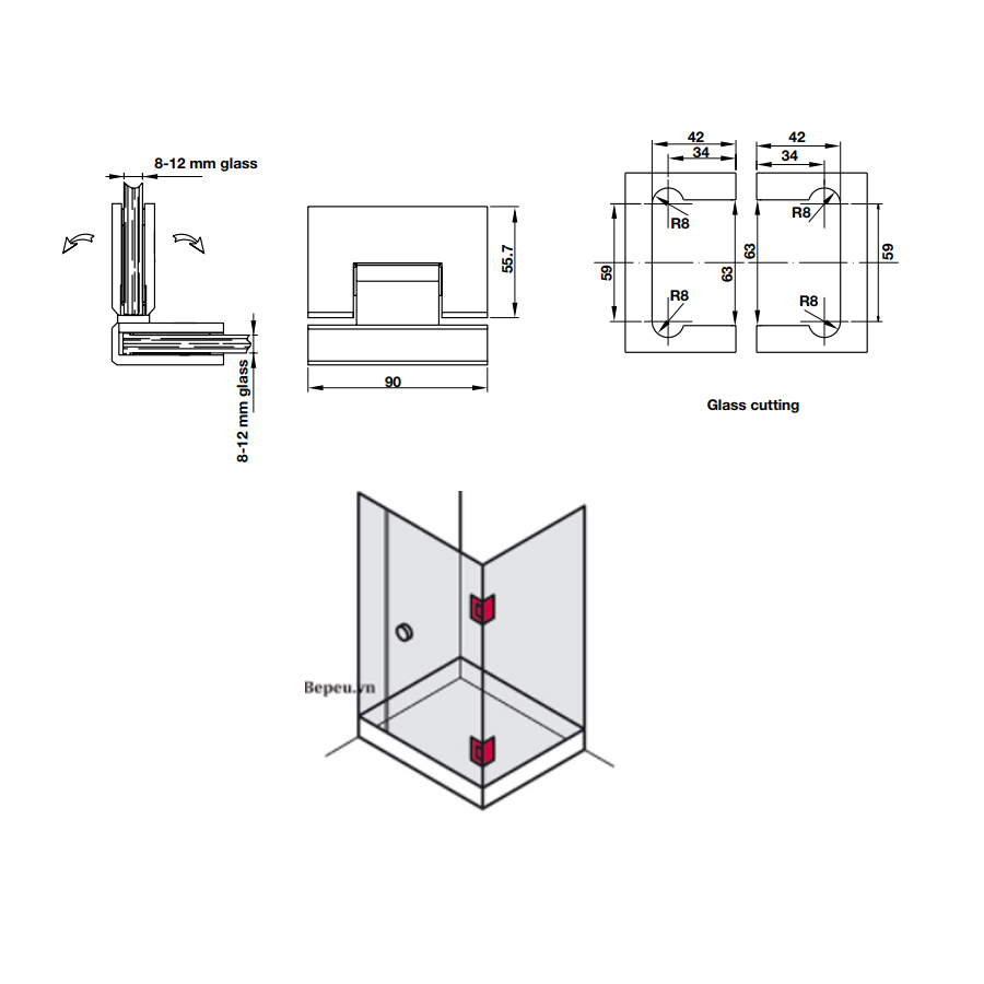 Kích thước của Bản lề kính - kính 90º màu đen Hafele 981.77.907 Kích thước của Bản lề kính - kính 90º màu đen Hafele 981.77.907