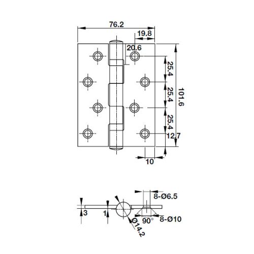 Kích thước của Bản lề lá 2 vòng bi 70Kg Hafele 926.20.112