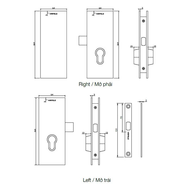 Kích thước của Bas hộp cho cửa mở xoay mở phải Hafele 981.59.030 Kích thước của Bas hộp cho cửa mở xoay mở phải Hafele 981.59.030
