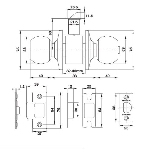 Bộ khóa 4 ổ khóa tròn và chìa chủ Hafele 489.93.253 3 Kích thước của Bộ khóa 4 ổ khóa tròn và chìa chủ Hafele 489.93.253