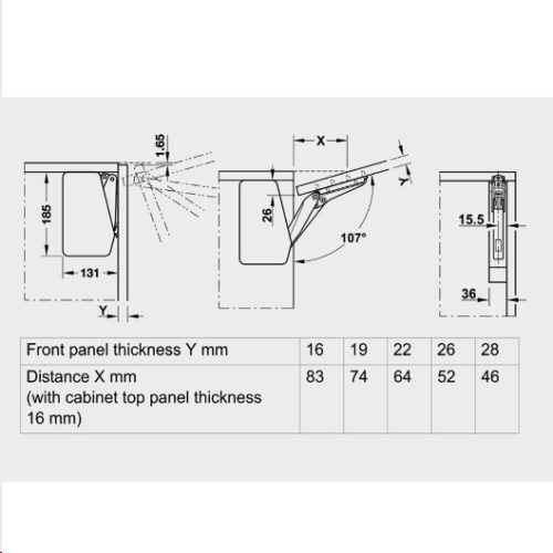 Kích thước của Bộ tay nâng Free Llap 3.15 Hafele 493.05.860 nắp xám