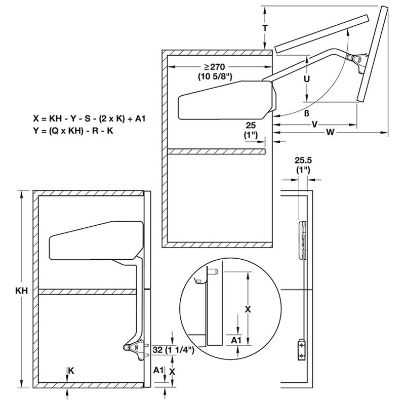 Kích thước của Bộ tay nâng Free Fold Short Hafele 493.05.734 Kích thước của Bộ tay nâng Free Fold Short Hafele 493.05.734