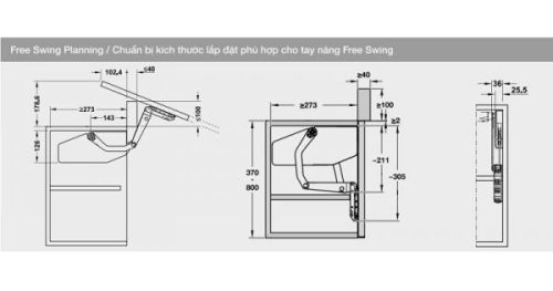 Bộ tay nâng Free Swing Hafele 493.05.773, đen 3 Kích thước của Bộ tay nâng Free Swing Hafele 493.05.773, đen