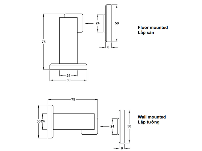 Kích thước của Chặn cửa nam châm Hafele 938.23.004 Kích thước của Chặn cửa nam châm Hafele 938.23.004
