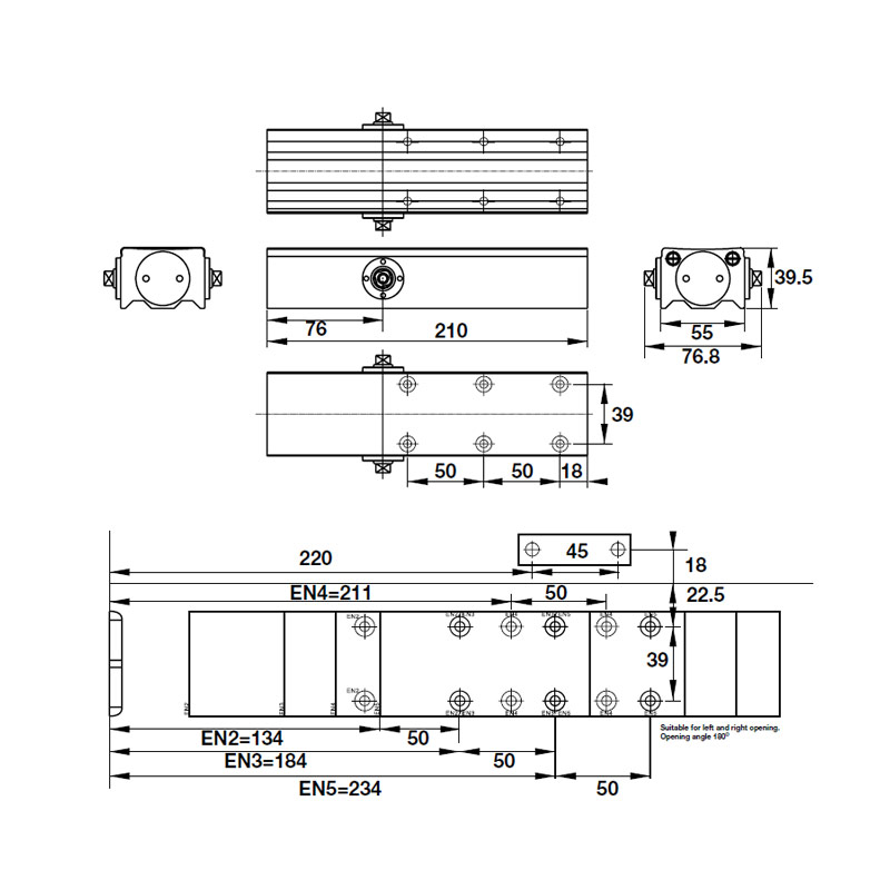 Kích thước của Cùi chỏ hơi Hafele không dừng 100kg 931.77.149 Kích thước của Cùi chỏ hơi Hafele không dừng 100kg 931.77.149