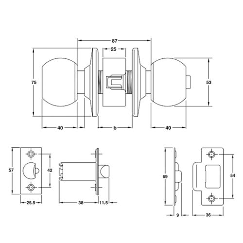 Khóa tay nắm tròn cửa chính Hafele 911.83.563 3 Kích thước của Khóa tay nắm tròn cửa chính Hafele 911.83.563