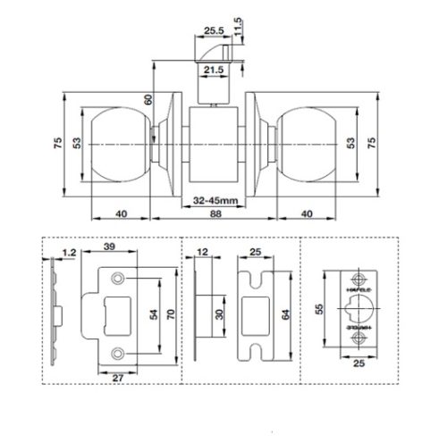 Khóa tay nắm tròn cửa đi Hafele 489.93.132 3 Kích thước của Khóa tay nắm tròn cửa đi Hafele 489.93.132