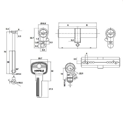 Ruột khóa 2 đầu chìa 65mm Hafele 489.56.000 3 Kích thước của Ruột khóa 2 đầu chìa 65mm Hafele 489.56.000