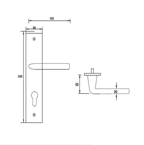 Kích thước của Tay nắm gạt đế dài mở phải C/C 72mm Hafele 903.78.589