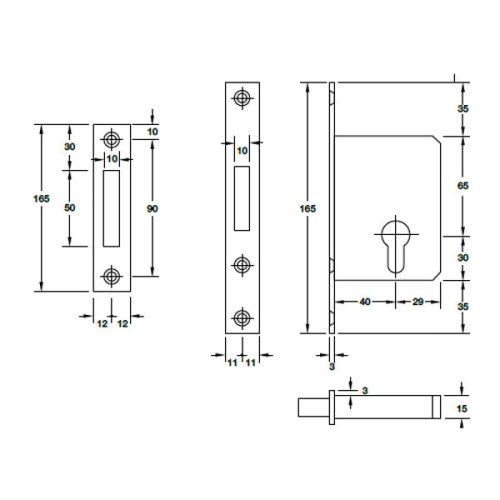 Kích thước của Thân khóa cho cửa trượt Hafele 911.26.413