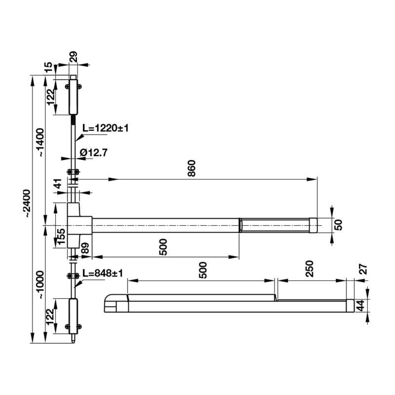 Kích thước của Thanh thoát hiểm chốt dọc Hafele 911.52.146 Kích thước của Thanh thoát hiểm chốt dọc Hafele 911.52.146