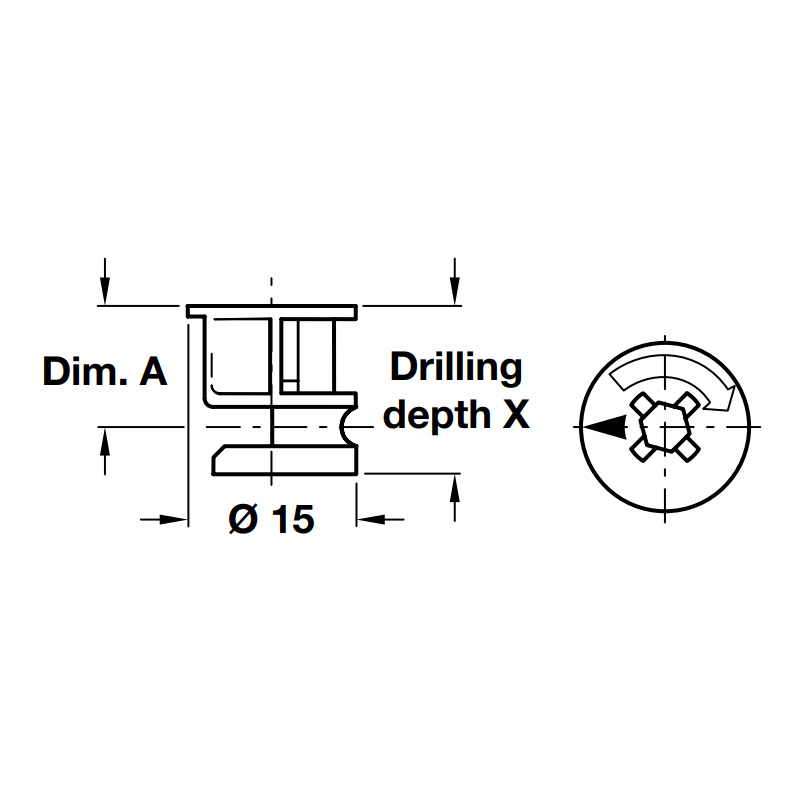 Kích thước của Vỏ nối Minifix 15 không vành Hafele 262.26.532 Kích thước của Vỏ nối Minifix 15 không vành Hafele 262.26.532