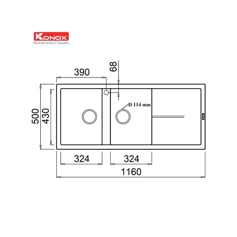 THiết kế của Chậu rửa bát Konox Granite Livello Smart 1160 Black THiết kế của Chậu rửa bát Konox Granite Livello Smart 1160 Black