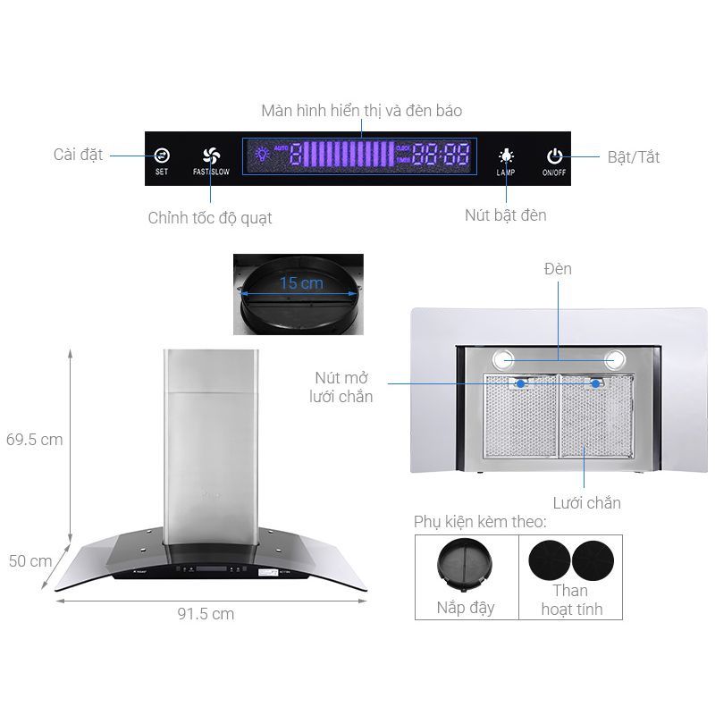 Cấu tạo máy hút mùi áp tường tuần hoàn Pramie AC17-900 Cấu tạo máy hút mùi áp tường tuần hoàn Pramie AC17-900