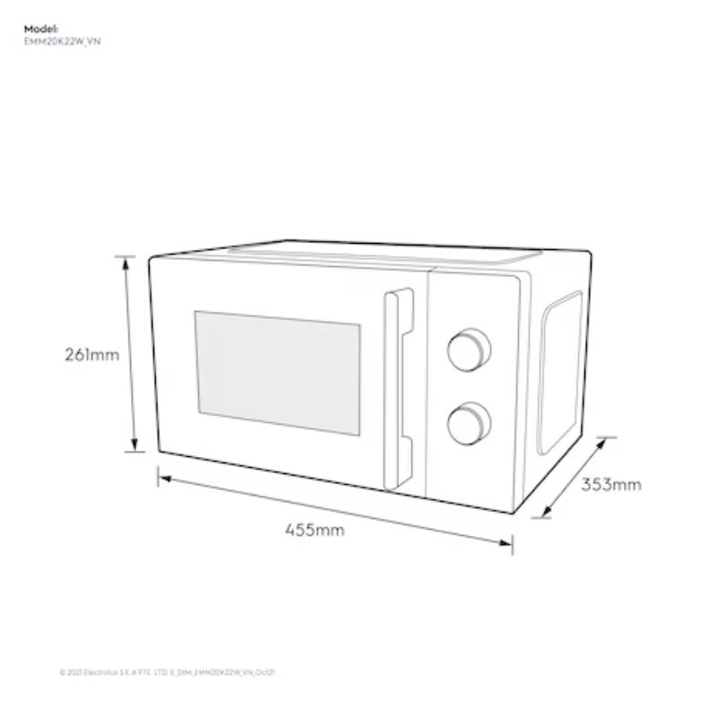 Kích thước lò vi sóng mini 20L Electrolux EMM20K22W Kích thước lò vi sóng Electrolux EMM20K22W