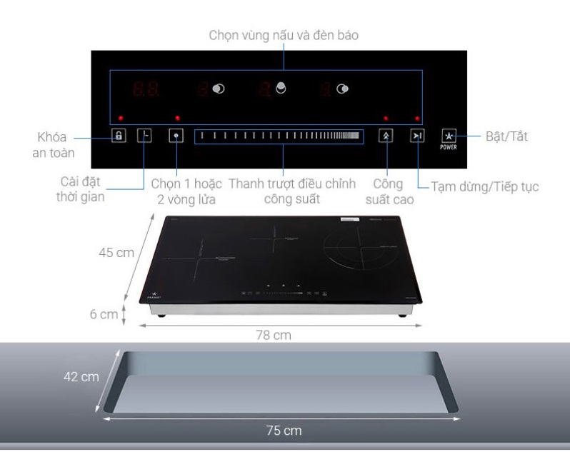 Cấu tạo bếp từ kết hợp hồng ngoại Pramie PRTH-3201 3 vùng nấu lắp âm