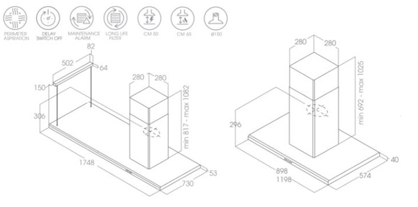 Máy hút mùi đảo Elica MOON IS IX/A/60X120 PRF0093541A 8 Kích thước máy hút mùi đảo Elica MOON IS IX/A/60X120 PRF0093541A