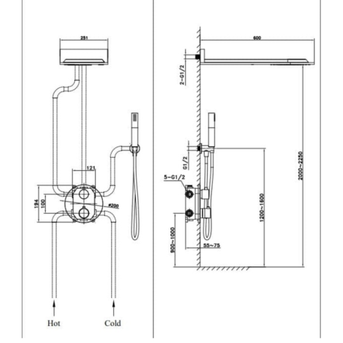 Kích thước của sen tắm âm tường nóng lạnh Paul Schmitt PA603W