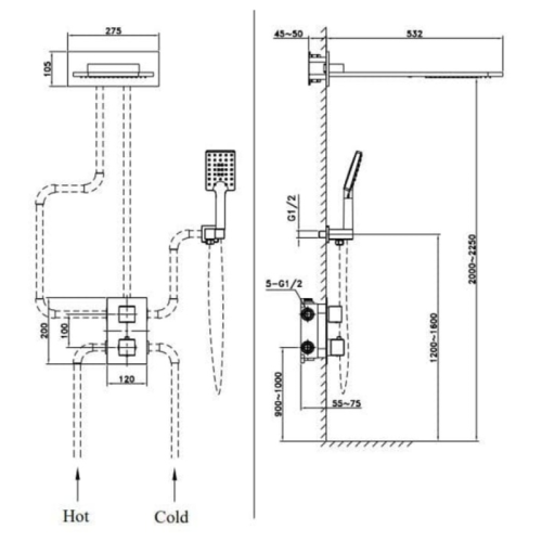 Sen tắm âm tường nóng lạnh Paul Schmitt PA604W 3 Kích thước của sen tắm âm tường nóng lạnh Paul Schmitt PA604W