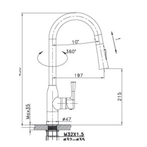 Kích thước của vòi rửa bát nóng lạnh Paul Schmitt PA302K có dây rút