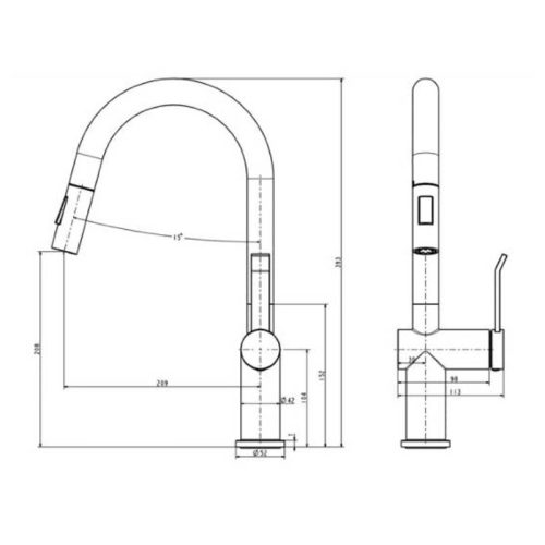 Vòi rửa bát nóng lạnh Paul Schmitt PA312K có dây rút 3 Kích thước của vòi rửa bát nóng lạnh Paul Schmitt PA312KCB có dây rút