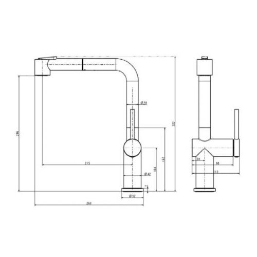 Vòi rửa bát nóng lạnh Paul Schmitt PA313K có dây rút 3 Kích thước của vòi rửa bát nóng lạnh Paul Schmitt PA313KCB có dây rút