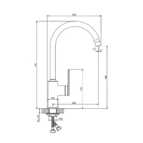 Kích thước của vòi rửa bát nóng lạnh Paul Schmitt PA315K có dây rút
