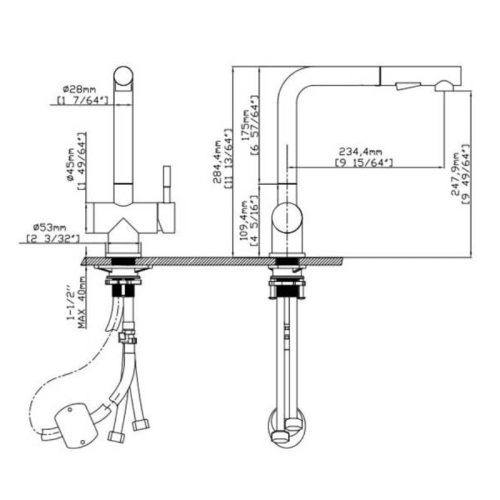 Kích thước của vòi rửa bát nóng lạnh Paul Schmitt PA317K có dây rút