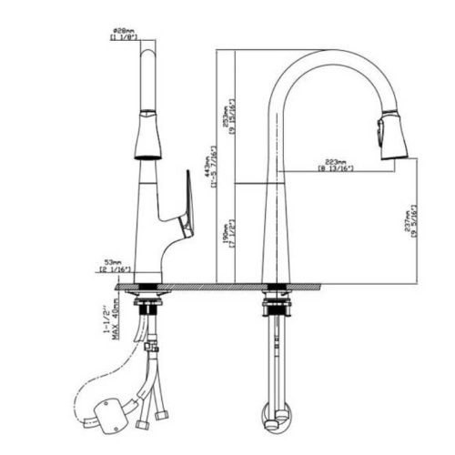 Kích thước của vòi rửa bát nóng lạnh Paul Schmitt PA318K có dây rút