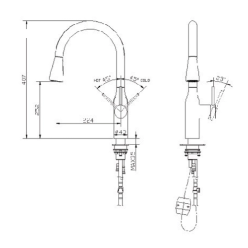 Vòi rửa bát nóng lạnh Paul Schmitt PA320KS có dây rút 3 Kích thước của vòi rửa bát nóng lạnh Paul Schmitt PA320KB có dây rút