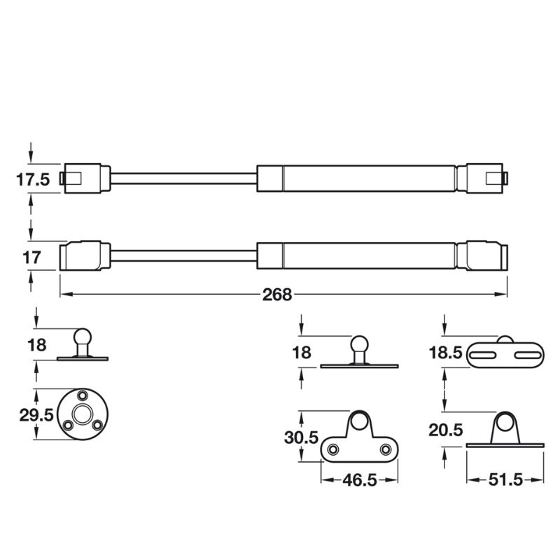 Kích thước pittong đẩy cánh tủ 80N Hafele 373.82.907 Kích thước pittong đẩy cánh tủ 80N Hafele 373.82.907