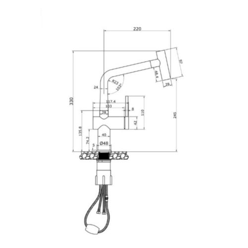 Vòi rửa bát nóng lạnh Konock Volta Black có dây rút 3 Kích thước vòi rửa bát nóng lạnh Konock Volta Black có dây rút