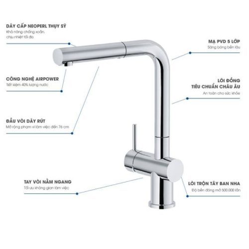 Thiết kế vòi rửa bát nóng lạnh Konox KN1337 có dây rút