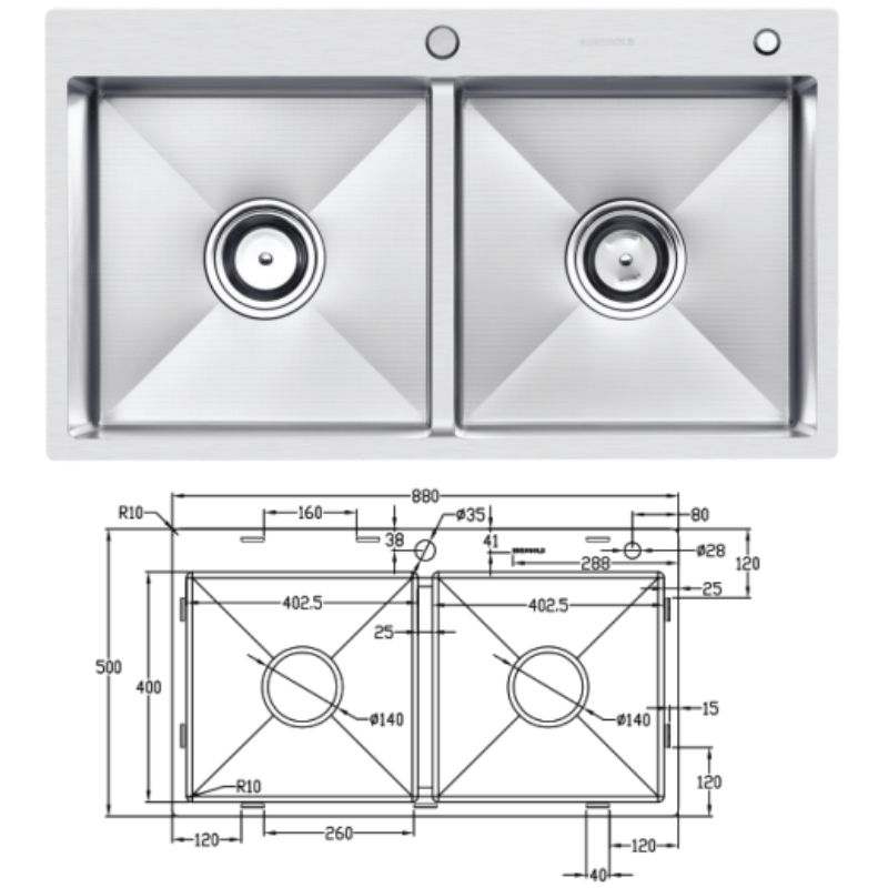 Kích thước chậu rửa bát chống xước Eurogold EUC28850EA Kích thước chậu rửa bát chống xước Eurogold EUC28850EA