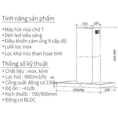 Kích thước máy hút mùi áp tường Eurogold EUH06170PRO