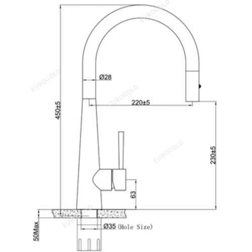 Vòi rửa bát nóng lạnh Eurogold EUF118DR có dây rút 3 Kích thước vòi rửa bát nóng lạnh Eurogold EUF118DR có dây rút
