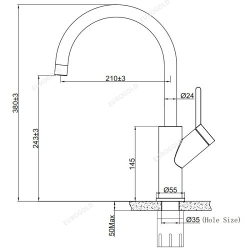 Kích thước vòi rửa bát nóng lạnh Eurogold EUF033D