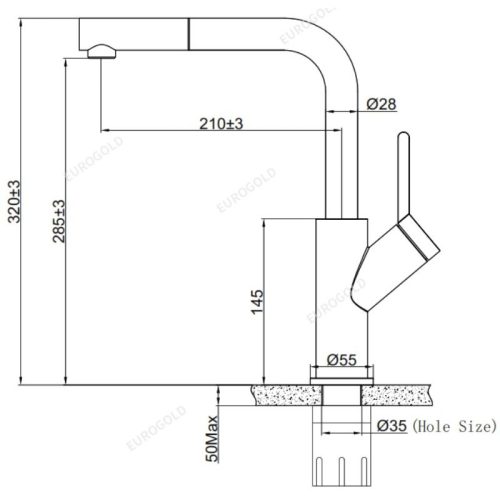 Kích thước vòi rửa bát nóng lạnh Eurogold EUF120DR có dây rút