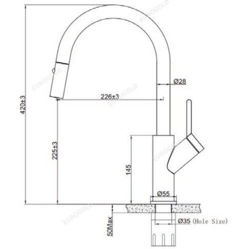 Vòi rửa bát nóng lạnh Eurogold EUF333DR có dây rút 3 Kích thước vòi rửa bát nóng lạnh Eurogold EUF333DR có dây rút
