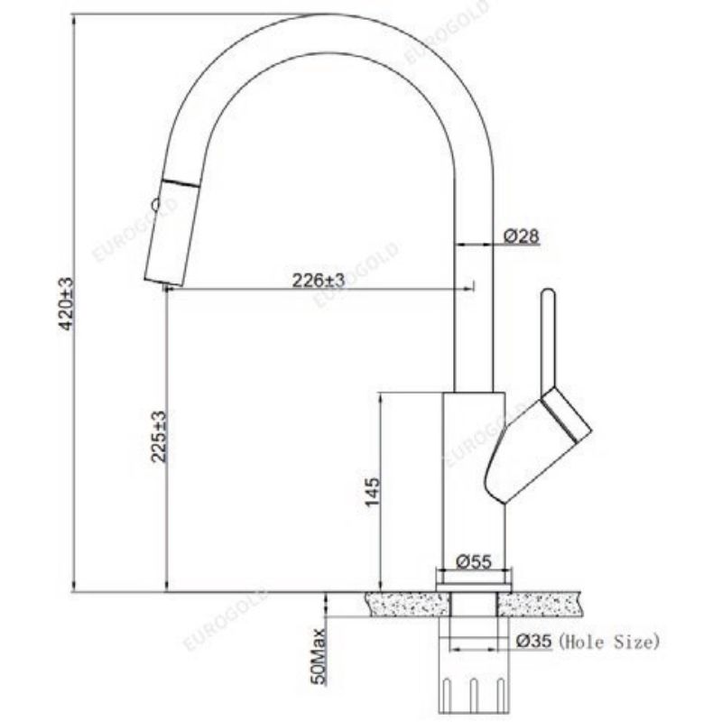 Kích thước vòi rửa bát nóng lạnh Eurogold EUF333DR có dây rút Kích thước vòi rửa bát nóng lạnh Eurogold EUF333DR có dây rút
