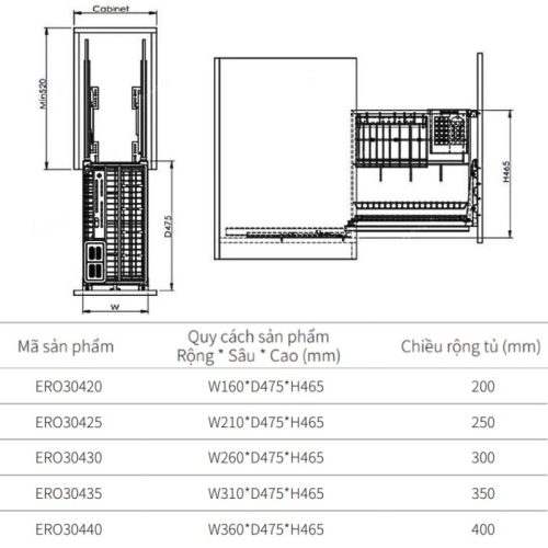 Kích thước giá dao thớt Eurogold ERO30425