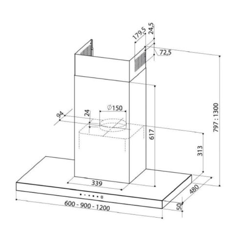 Kích thước máy hút mùi áp tường Upscale P5 WALL MOUNT