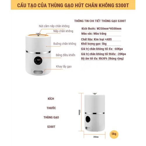 Thùng gạo thông minh chân không Eurogold S300T 3 Kích thước thùng gạo thông minh chân không Eurogold S300T