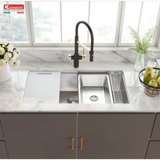 Ảnh thực tế chậu rửa bát inox 1 hố Konox TARI 8748SR Ảnh thực tế chậu rửa bát inox 1 hố Konox TARI 8748SR