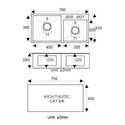 Chậu rửa bát inox 2 hố Binova CBI-7843 3 Kích thước chậu rửa bát inox 2 hố Binova CBI-7843