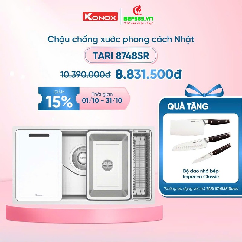 Km chậu rửa bát inox 1 hố Konox TARI 8748SR Km chậu rửa bát inox 1 hố Konox TARI 8748SR